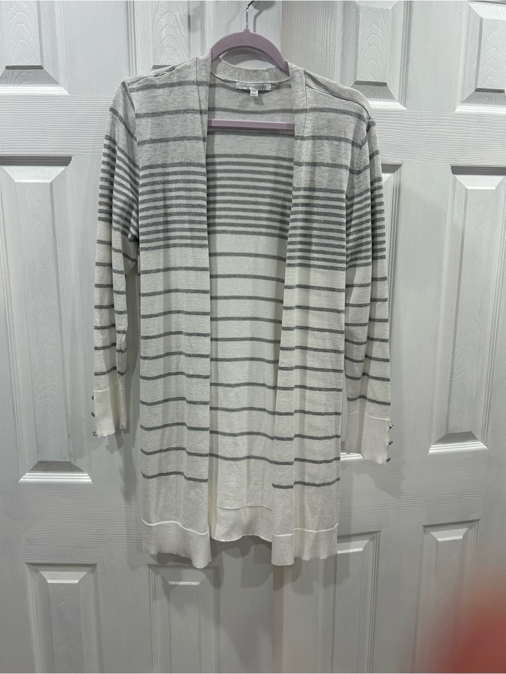 Open-Front Light Gray Stripe Cardigan Sweater - Women's